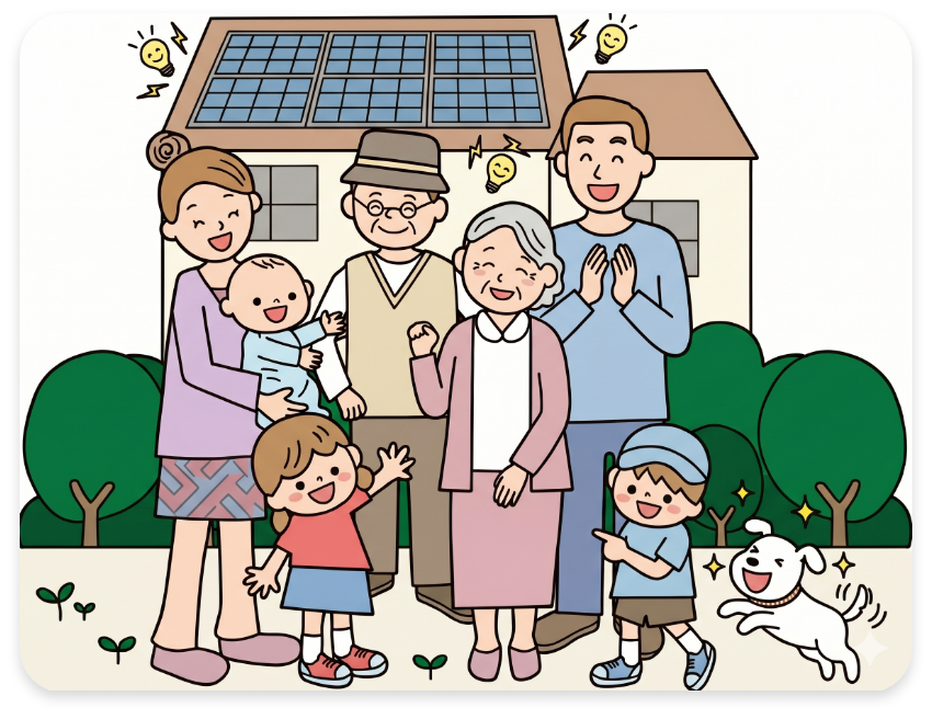太陽光発電に喜ぶ家族